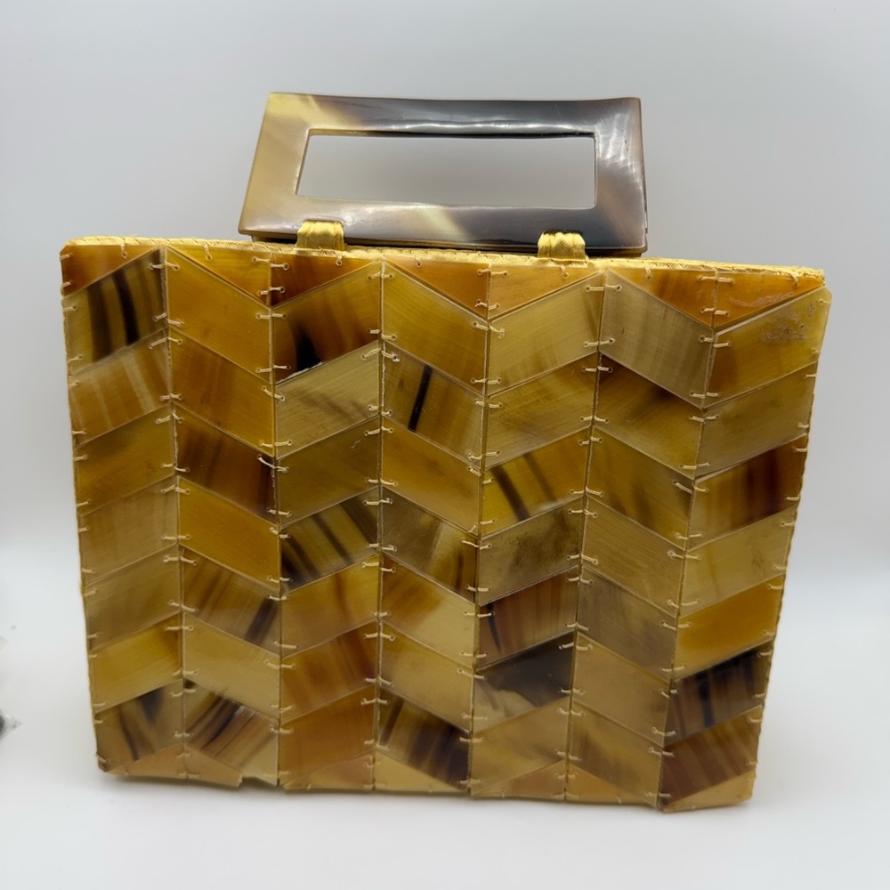 HandBag Chevron Pattern W Bamboo like Plastic Handle & Yellow Color Discs, Chic